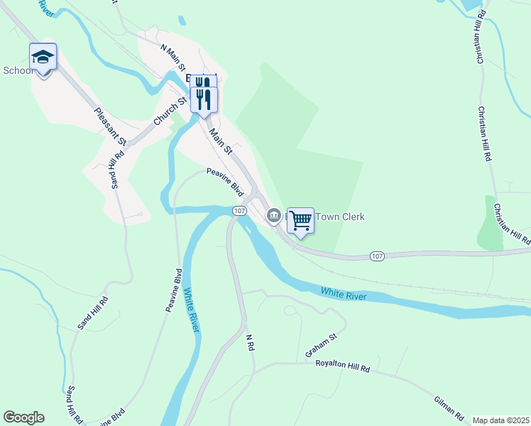 map of restaurants, bars, coffee shops, grocery stores, and more near 102 South Main Street in Bethel