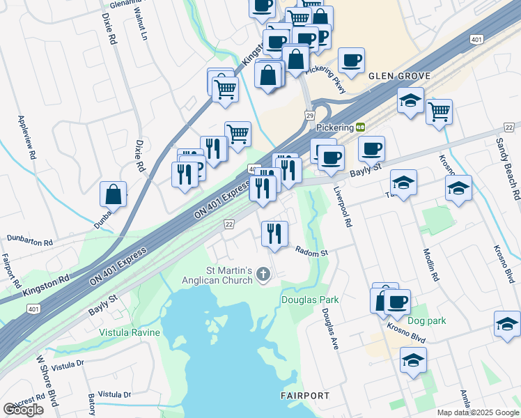 map of restaurants, bars, coffee shops, grocery stores, and more near 1235 Bayly Street in Pickering