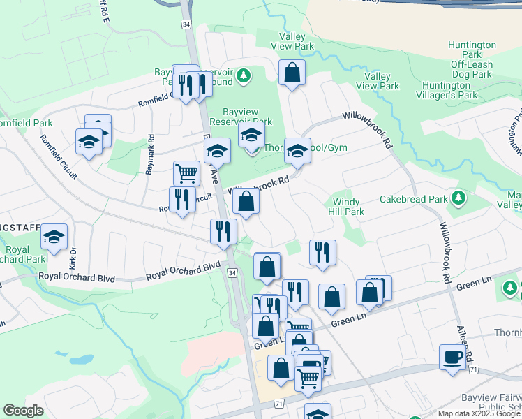 map of restaurants, bars, coffee shops, grocery stores, and more near 17 West Borough Street in Markham