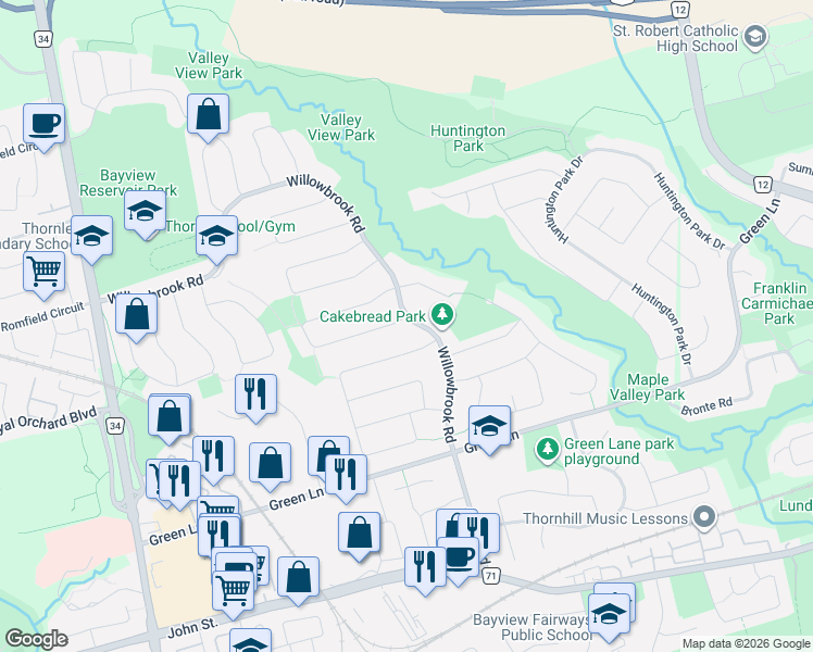 map of restaurants, bars, coffee shops, grocery stores, and more near 153 Willowbrook Road in Markham
