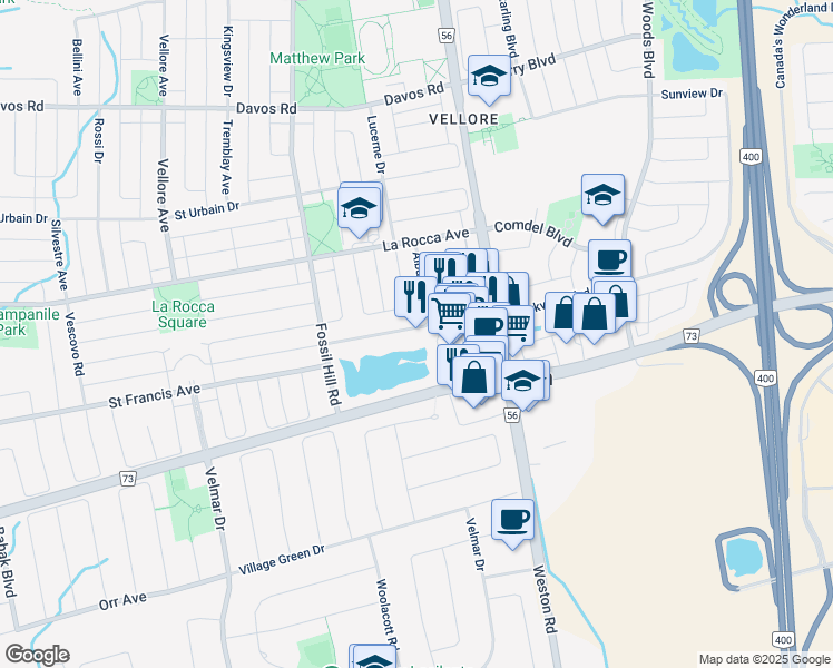 map of restaurants, bars, coffee shops, grocery stores, and more near 91 Alba Avenue in Vaughan