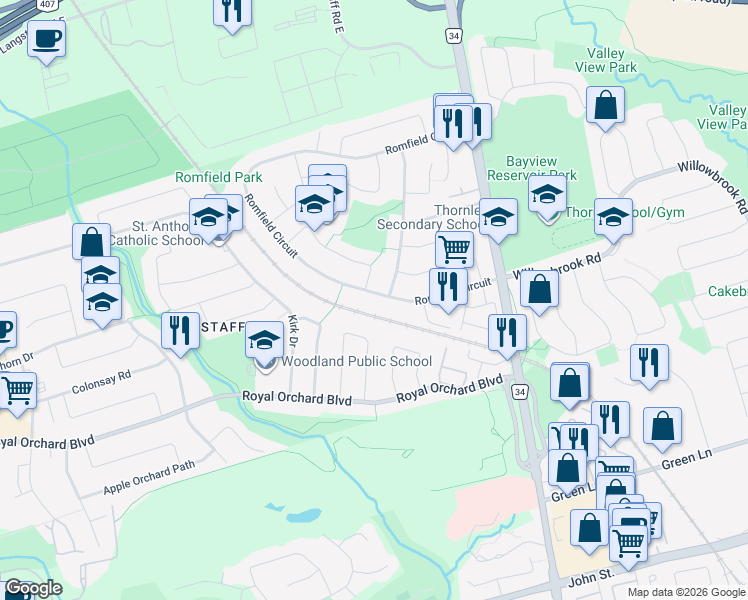 map of restaurants, bars, coffee shops, grocery stores, and more near 59 Romfield Circuit in Markham
