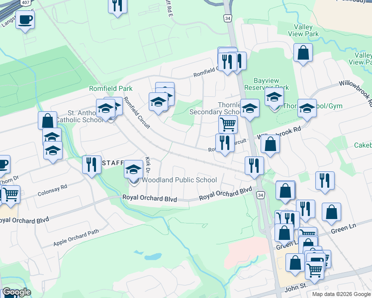 map of restaurants, bars, coffee shops, grocery stores, and more near 61 Romfield Circuit in Markham
