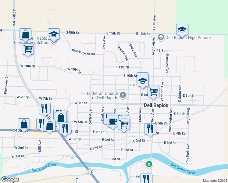 map of restaurants, bars, coffee shops, grocery stores, and more near 307 East 8th Street in Dell Rapids
