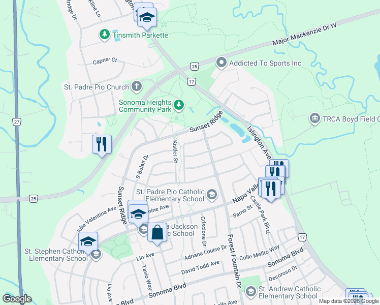 map of restaurants, bars, coffee shops, grocery stores, and more near in Vaughan