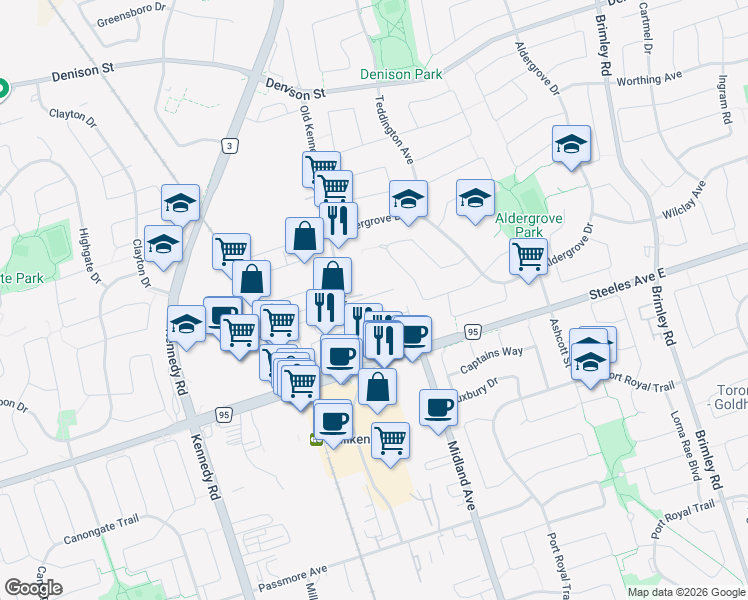 map of restaurants, bars, coffee shops, grocery stores, and more near 27 Celadine Drive in Markham