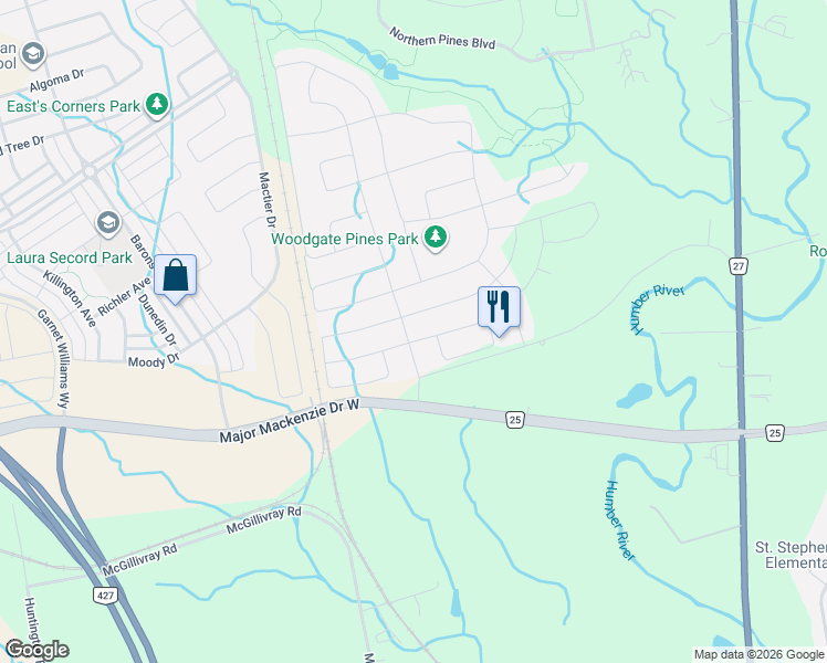 map of restaurants, bars, coffee shops, grocery stores, and more near 819 Timber Creek Boulevard in Vaughan