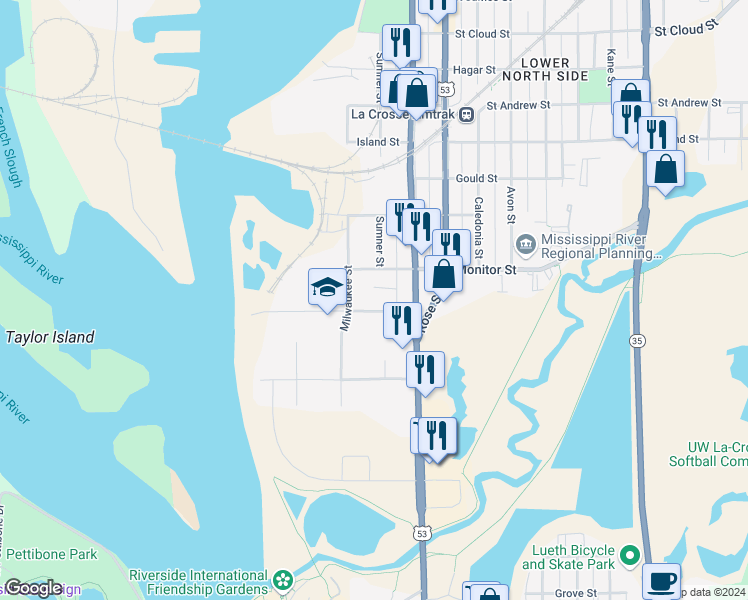 map of restaurants, bars, coffee shops, grocery stores, and more near 400 Buchner Place in La Crosse