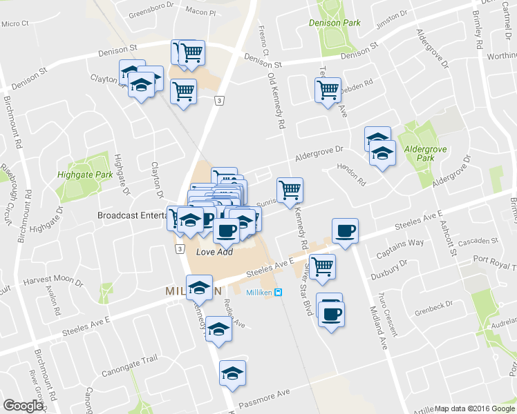 map of restaurants, bars, coffee shops, grocery stores, and more near 109 Sunrise Drive in Markham