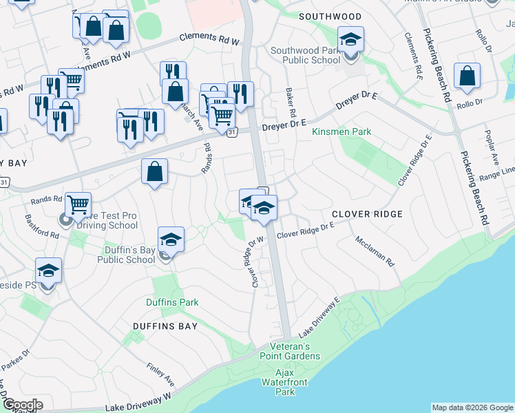 map of restaurants, bars, coffee shops, grocery stores, and more near 13 Flowers Crescent in Ajax