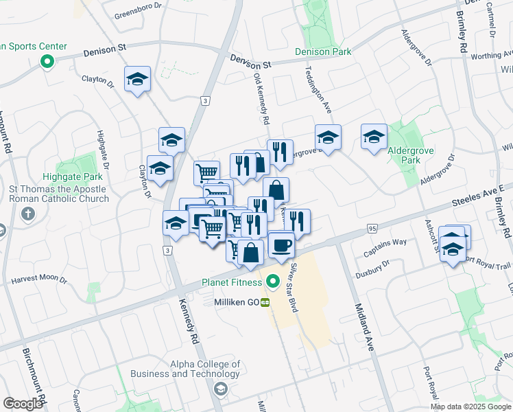 map of restaurants, bars, coffee shops, grocery stores, and more near 102 Faithful Way in Markham