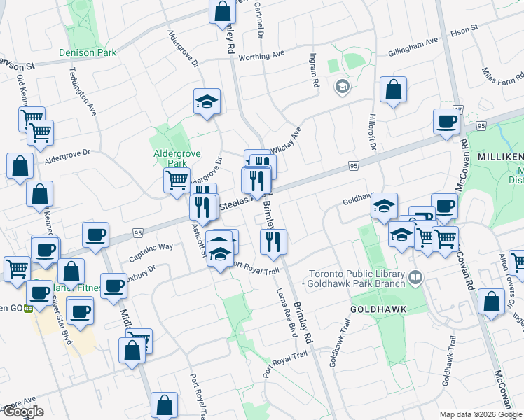 map of restaurants, bars, coffee shops, grocery stores, and more near 3680 Brimley Road in Toronto