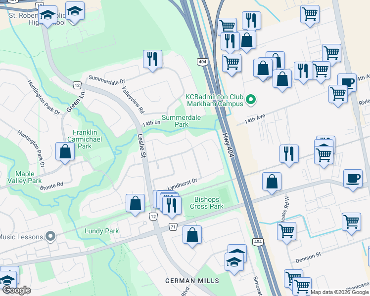 map of restaurants, bars, coffee shops, grocery stores, and more near 32 Lyndhurst Drive in Markham