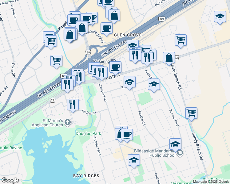 map of restaurants, bars, coffee shops, grocery stores, and more near 1329 Tatra Drive in Pickering
