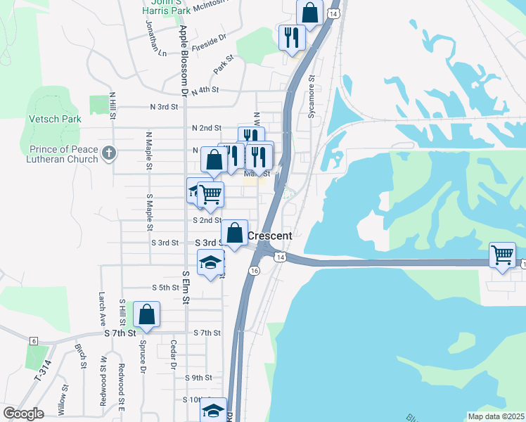 map of restaurants, bars, coffee shops, grocery stores, and more near 111 South Walnut Street in La Crescent