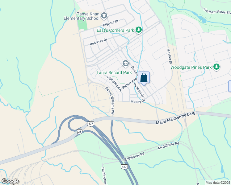 map of restaurants, bars, coffee shops, grocery stores, and more near 164 Moody Drive in Vaughan
