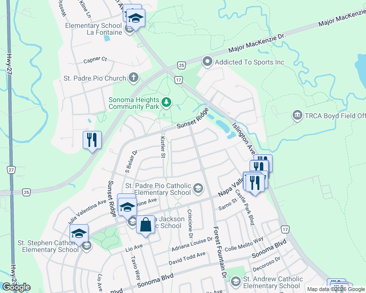 map of restaurants, bars, coffee shops, grocery stores, and more near in Vaughan