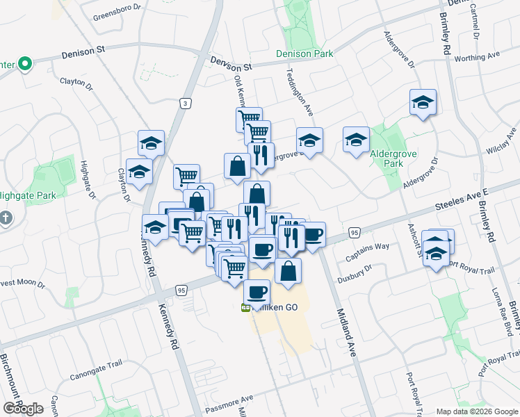 map of restaurants, bars, coffee shops, grocery stores, and more near 79 Old Kennedy Road in Markham