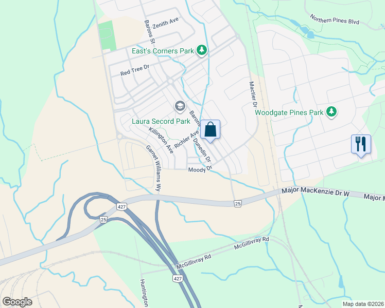 map of restaurants, bars, coffee shops, grocery stores, and more near 30 Herzl Street in Vaughan