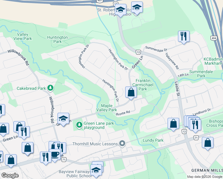 map of restaurants, bars, coffee shops, grocery stores, and more near 18 Huntington Park Drive in Markham