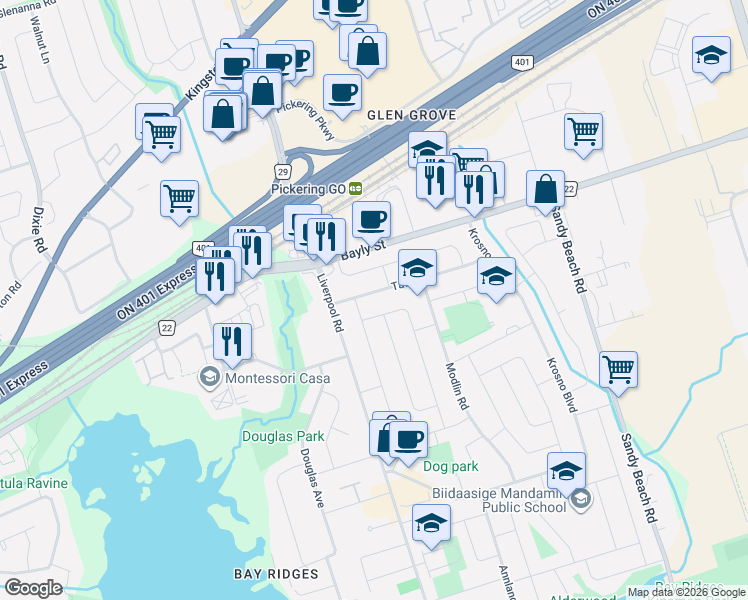 map of restaurants, bars, coffee shops, grocery stores, and more near 1331 Tatra Drive in Pickering