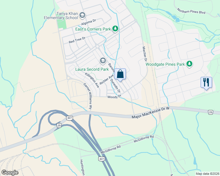 map of restaurants, bars, coffee shops, grocery stores, and more near in Vaughan