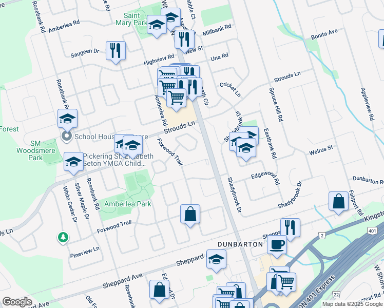 map of restaurants, bars, coffee shops, grocery stores, and more near 622 Sultana Square in Pickering
