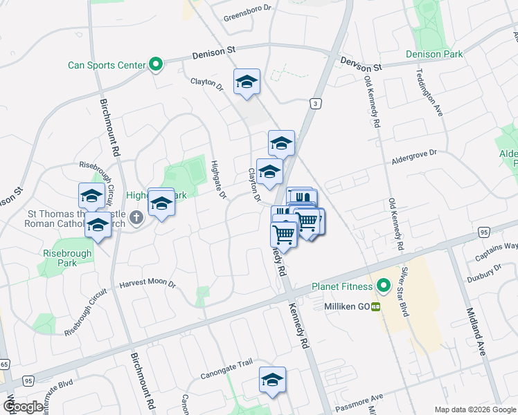 map of restaurants, bars, coffee shops, grocery stores, and more near 75 Maitland Drive in Markham