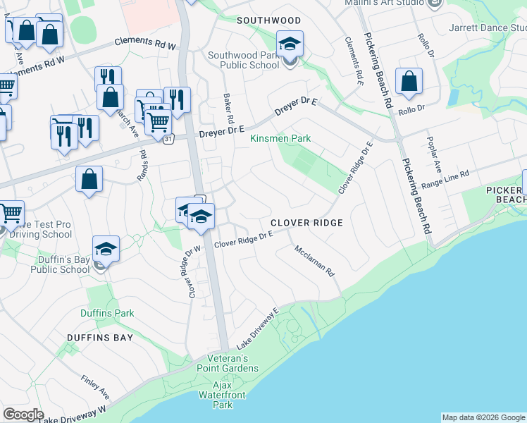 map of restaurants, bars, coffee shops, grocery stores, and more near 79 Harland Crescent in Ajax