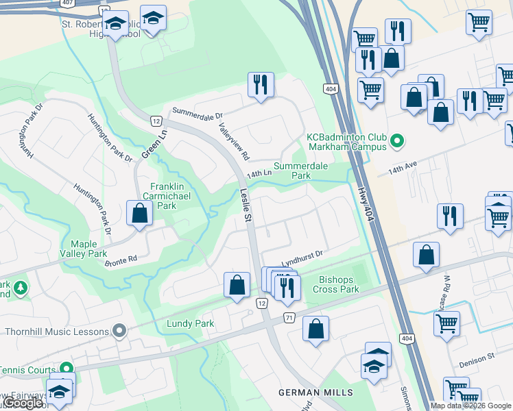 map of restaurants, bars, coffee shops, grocery stores, and more near 14 Kingsboro Road in Markham