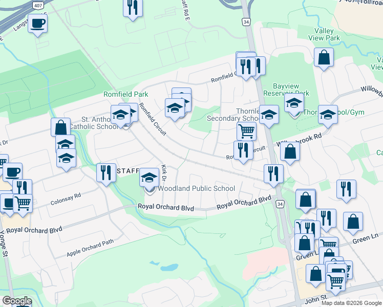 map of restaurants, bars, coffee shops, grocery stores, and more near 73 Romfield Circuit in Markham