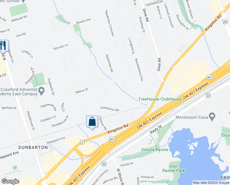 map of restaurants, bars, coffee shops, grocery stores, and more near 1768 Appleview Road in Pickering