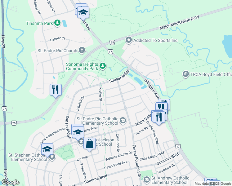 map of restaurants, bars, coffee shops, grocery stores, and more near 14 Sequoia Road in Vaughan