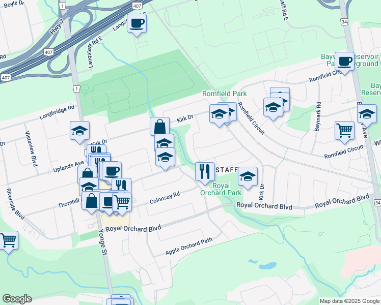 map of restaurants, bars, coffee shops, grocery stores, and more near 45 Thorny Brae Drive in Markham