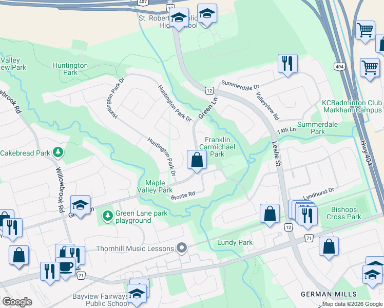 map of restaurants, bars, coffee shops, grocery stores, and more near 278 Green Lane in Markham