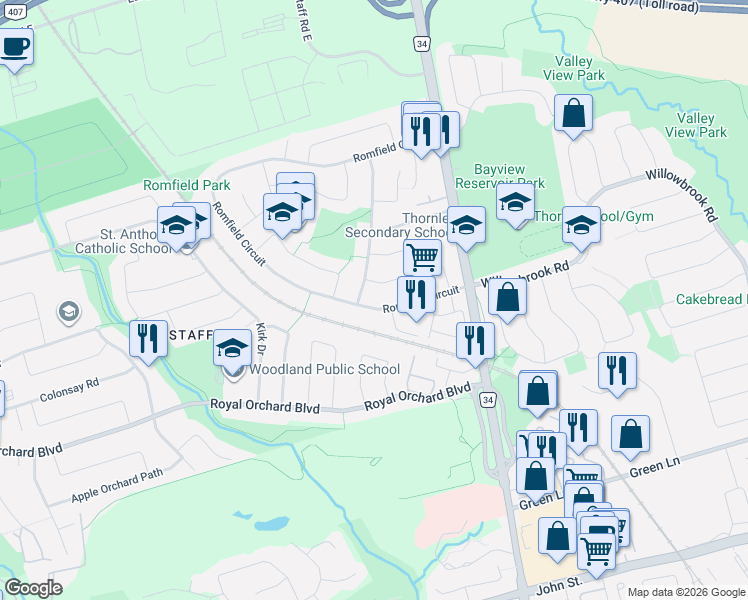 map of restaurants, bars, coffee shops, grocery stores, and more near 42 Romfield Circuit in Markham