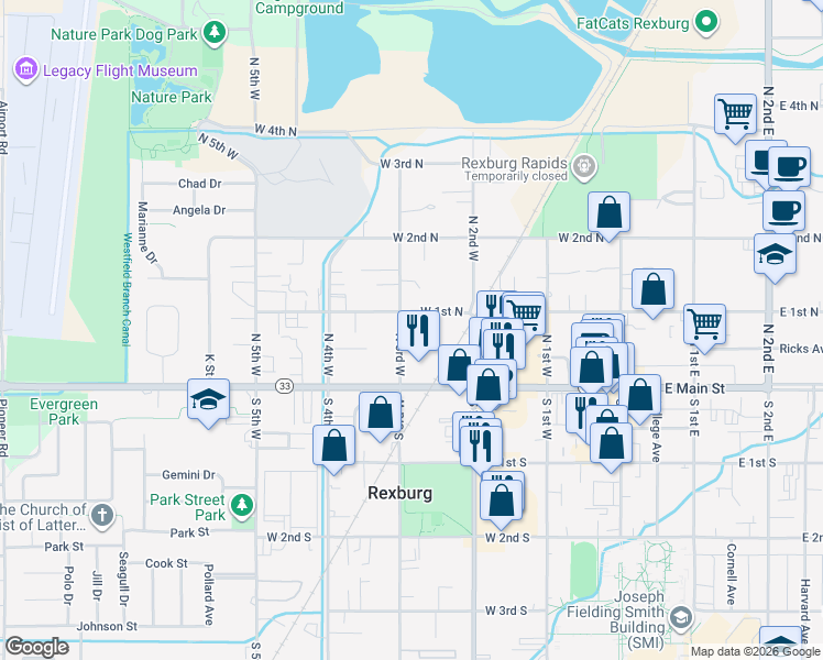 map of restaurants, bars, coffee shops, grocery stores, and more near 167 West Main Street in Rexburg