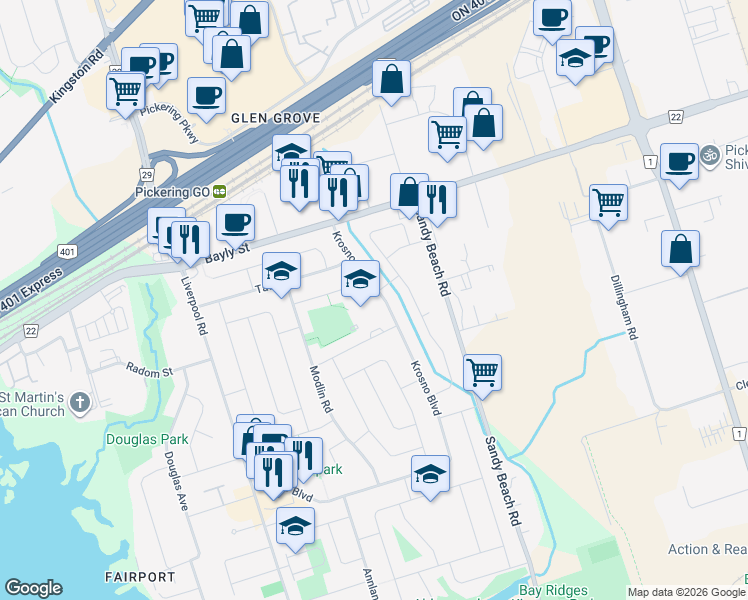 map of restaurants, bars, coffee shops, grocery stores, and more near in Pickering