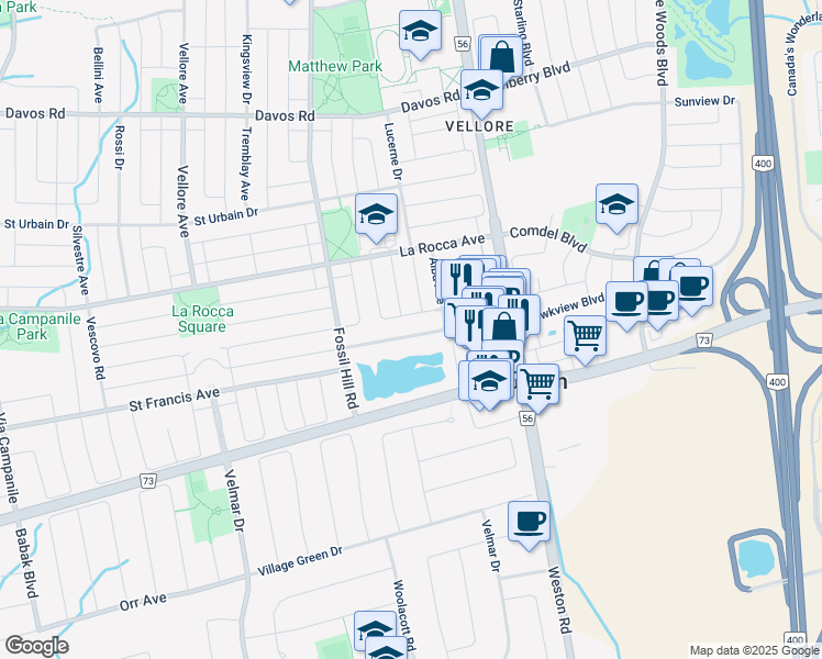 map of restaurants, bars, coffee shops, grocery stores, and more near 91 Alba Avenue in Vaughan