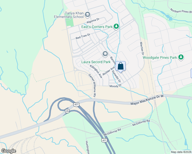 map of restaurants, bars, coffee shops, grocery stores, and more near 170 Moody Drive in Vaughan