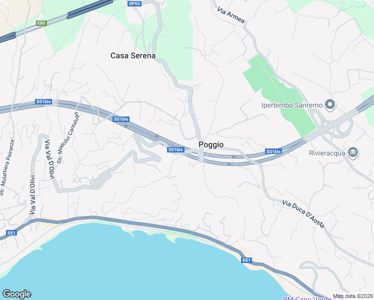 map of restaurants, bars, coffee shops, grocery stores, and more near 66 Via Salita Poggio in Sanremo