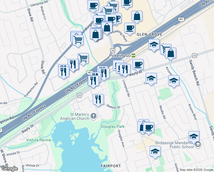 map of restaurants, bars, coffee shops, grocery stores, and more near in Pickering