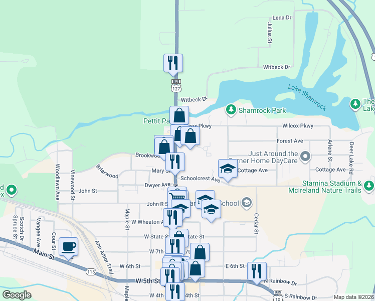 map of restaurants, bars, coffee shops, grocery stores, and more near 1410 N McEwan St in Clare