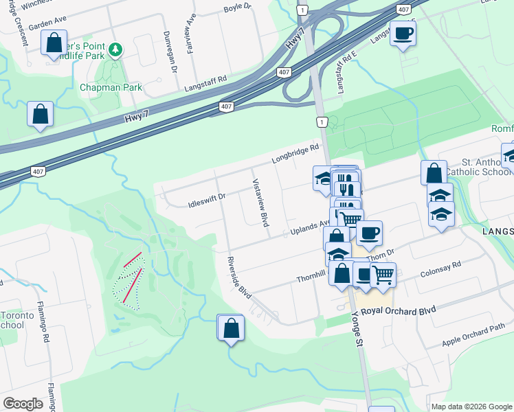 map of restaurants, bars, coffee shops, grocery stores, and more near 14 Vistaview Boulevard in Vaughan