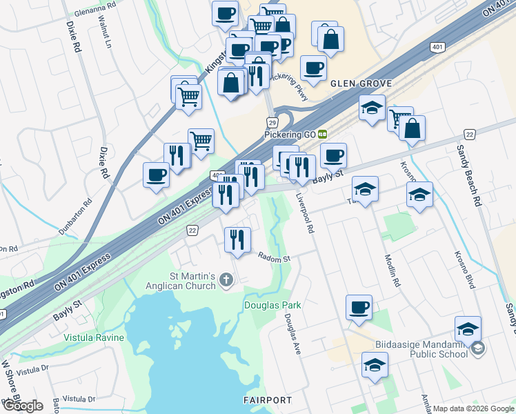 map of restaurants, bars, coffee shops, grocery stores, and more near 1255 Bayly Street in Pickering