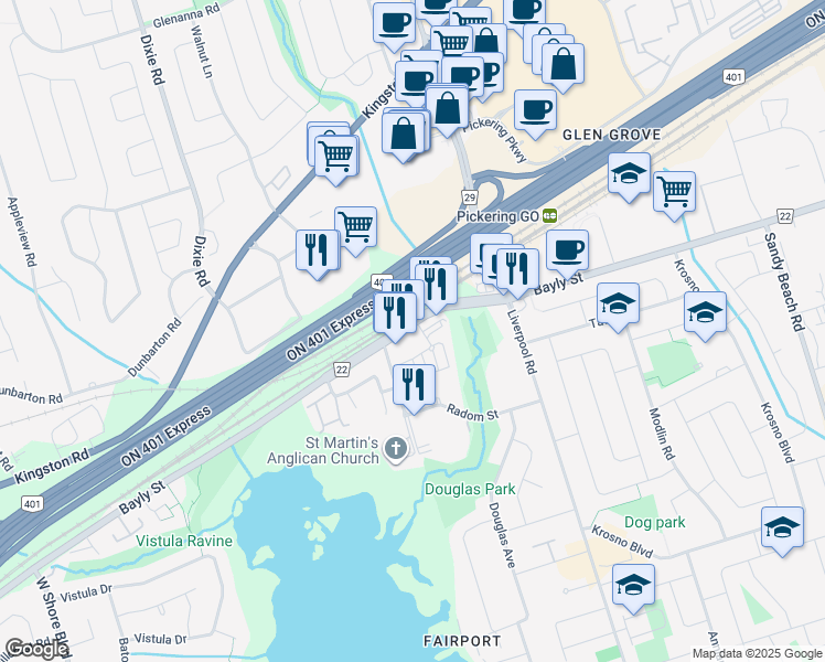 map of restaurants, bars, coffee shops, grocery stores, and more near 1261 Bayly Street in Pickering
