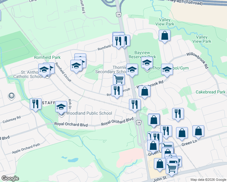 map of restaurants, bars, coffee shops, grocery stores, and more near 26 Romfield Circuit in Markham