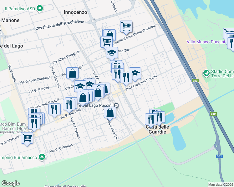 map of restaurants, bars, coffee shops, grocery stores, and more near 5 Via Alessandro Volta in Torre del Lago Puccini