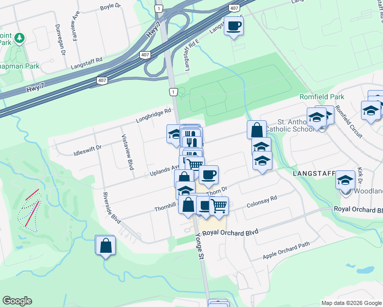 map of restaurants, bars, coffee shops, grocery stores, and more near 8243 Yonge Street in Markham