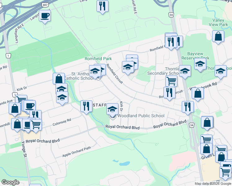 map of restaurants, bars, coffee shops, grocery stores, and more near 170 Kirk Drive in Markham